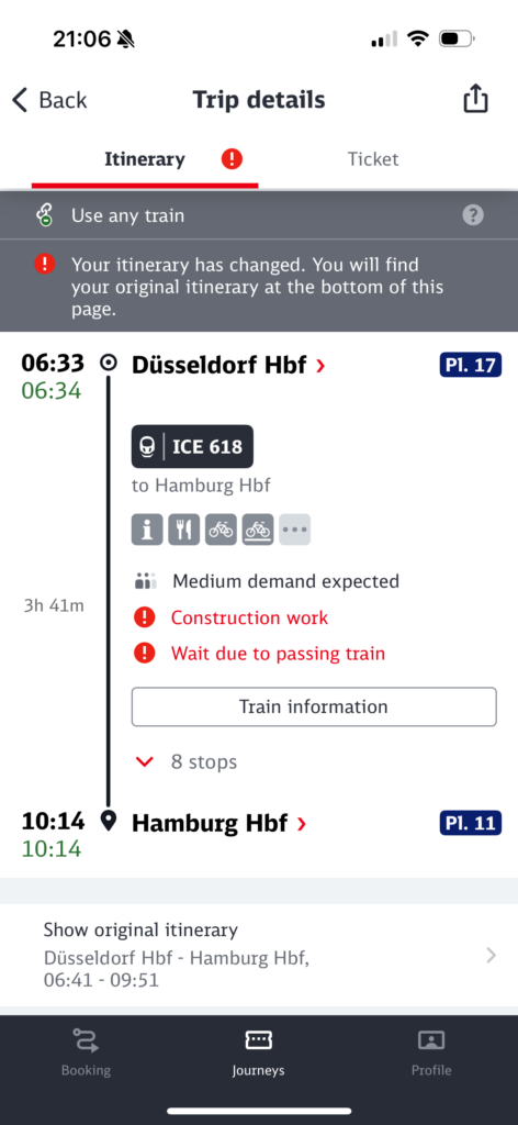 チケットの旅程（Itinerary）上で、「Use any train」の表示を確認できる