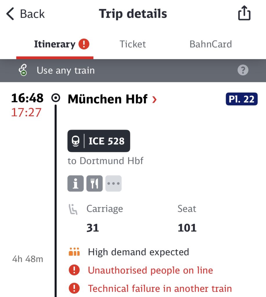 チケットの旅程（Itinerary）上で、「Use any train」の表示を確認できる