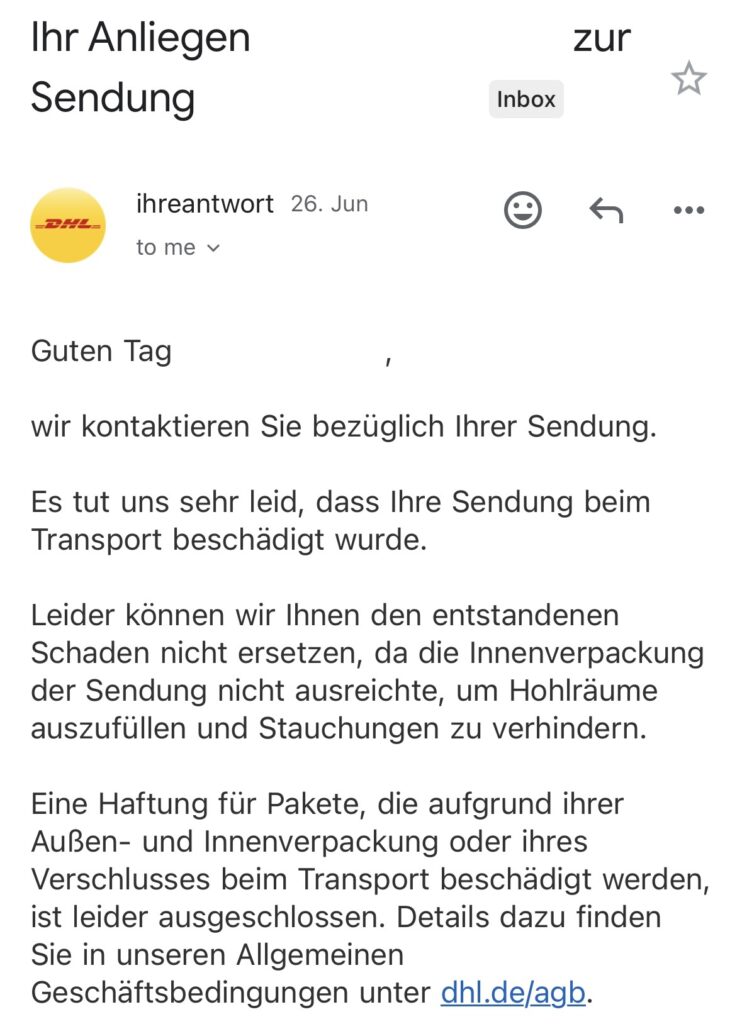荷物が破損した際にDHLから送られてきたメール